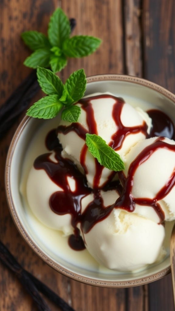 A bowl of vanilla ice cream with chocolate sauce and mint on a wooden table.